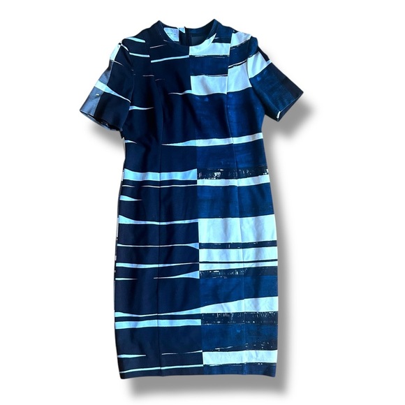 Akris Punto Printed Midi Dress Geometric Mod Black Blue Size 10 - Picture 1 of 9